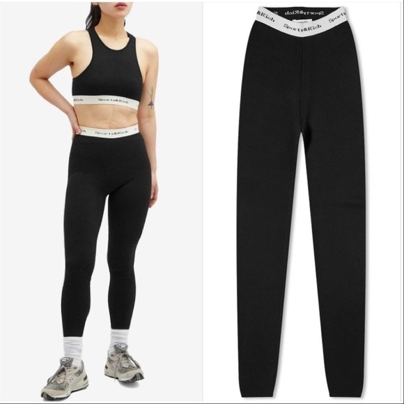 Sporty & Rich Serif Logo Knit Legging and Bra Set Black and White Small - Picture 1 of 12